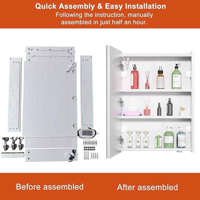 32 x24Inch LED Medicine Cabinet Mirror with Lights for Bathroom, Defogger,Stepless Dimmable,3000K/5500K Color Temperature Wall Mounted Makeup Mirror, Adjustable Shelf (Assembly Required)