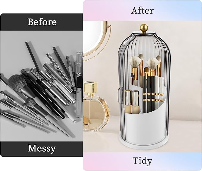 Makeup Brush Holder Organizer, 360 Rotating Makeup Brush Holder, Dustproof Waterproof Material & with 3 Compartments for Organized Storage, Dressing Tables Clear Storage Skincare Cosmetic (Grey)