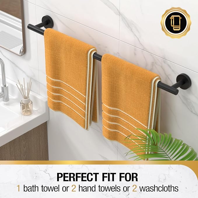 HITSLAM Matte Black 24 Inch Towel Bar for Bathroom, SUS304 Stainless Steel Bathroom Towel Rack Wall Mounted, Modern Home Decor Bath Towel Holder with Hardware Accessories(Total Length 25.7 Inch)