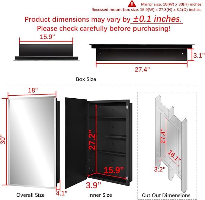 Fundin Black Medicine Cabinet Recessed or Surface Mount, Bathroom Medicine Cabinet with 18 x 30 Beveled Mirror and Adjustable Staggered Shelves, Wall Mount