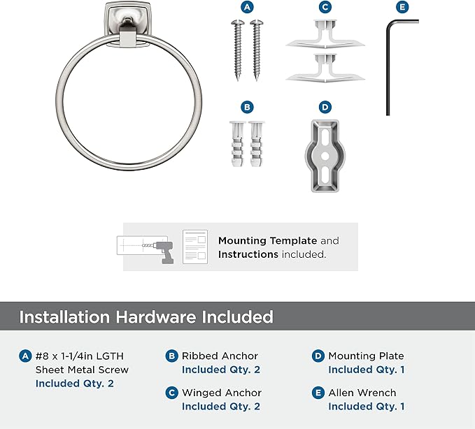 Amerock BH36092G10 | Brushed Nickel Towel Ring | 7-9/16 in (192 mm) Length Towel Holder | Stature | Hand Towel Holder for Bathroom Wall | Small Kitchen | Bath Accessories