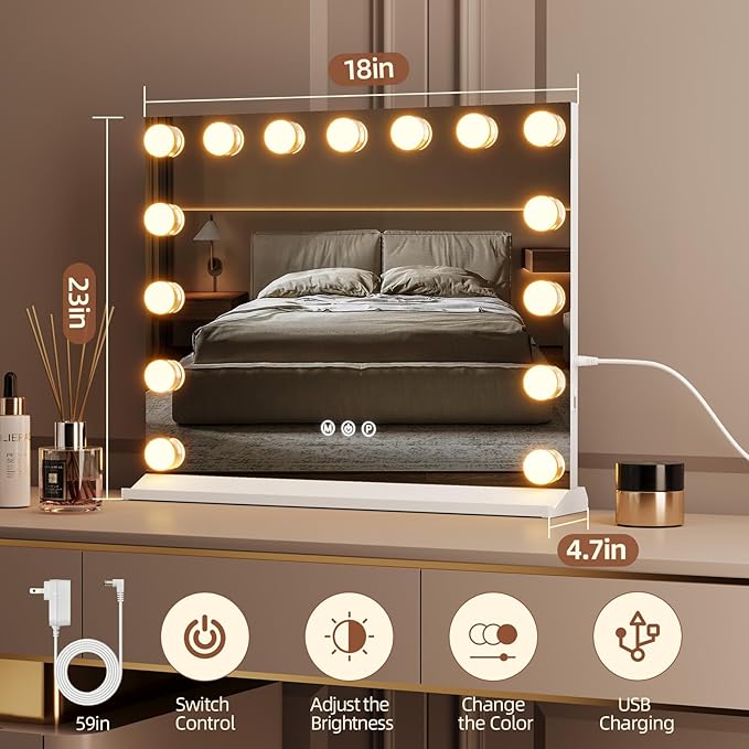 Memobarco Vanity Mirror with Lights, Makeup Mirror with USB/Type-C Charging, Large Hollywood Mirrors w/ 15 LED Bulbs & 5X Magnifier, LED Mirrors for Bedroom Tabletop & Wall Mounted