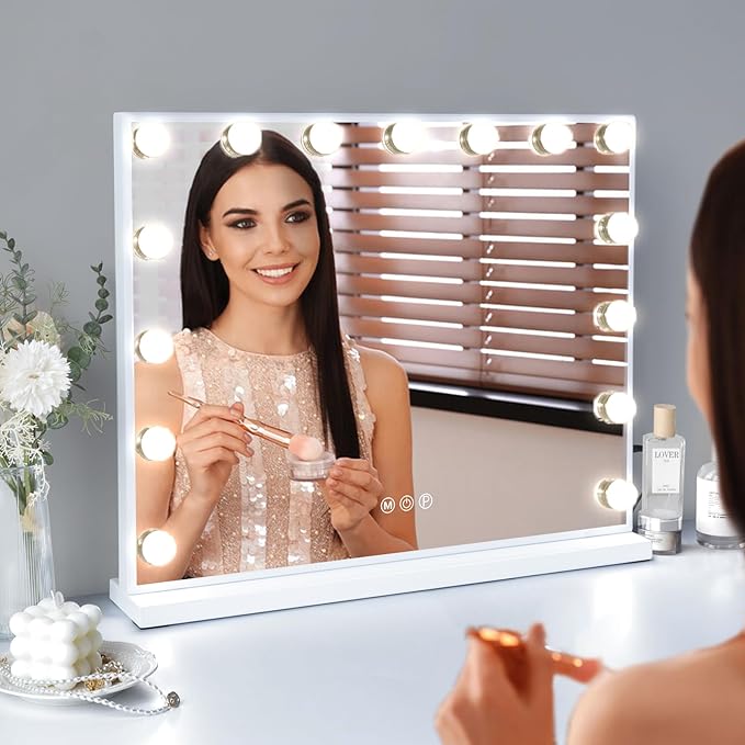 FENCHILIN Vanity Mirror with Lights, 22.8"x 18.1" Hollywood Makeup Mirror with 15 LED Dimmable Bulbs Lighted Vanity Mirror with USB Charging Port 10X Magnification Tabletop for Bedroom