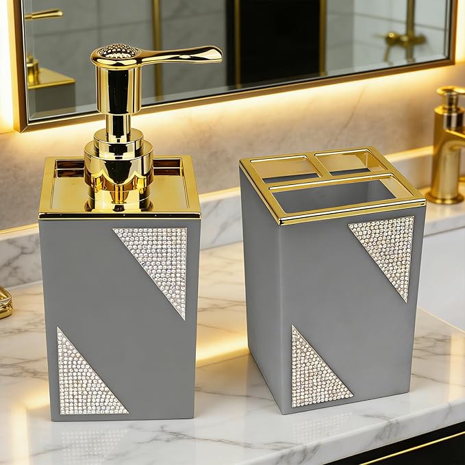 Bathroom Accessories Set, Square 2-Piece Gray Soap Dispenser & Toothbrush Holder with Sparkling Inlaid Diamonds, Modern Geometric Vanity Set