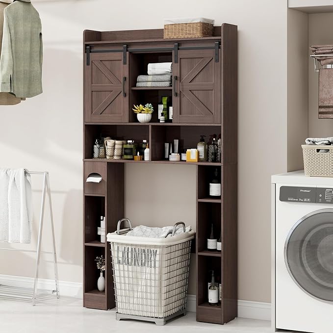 Vabches Farmhouse Storage Cabinet Over Toilet with Sliding Doors, Home Space-Saving Toilet Rack, Over The Toilet Storage Cabinet, Open Storage Shelf, for Bathroom, Laundry, Restroom.Espresso