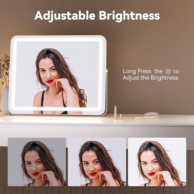 MINISO Vanity Mirror with Lights, 18" x 14" LED Makeup Mirror, Light & Brightness Adjustment, Smart Sensor, 360°Rotation, Aluminum Alloy Metal White Frame, with 10X Magnifying Glass
