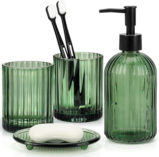 Bathroom Accessories Set, 4Pcs Glass Bathroom Accessories Sets Complete Lotion Soap Dispenser, Toothbrush Holder, Mouthwash Cup, Soap Dish for Bathroom Decor, Countertop Organizer (Green)