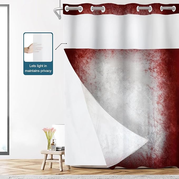 Shrahala Grey Abstract Tie Dye No Hooks Shower Curtain with Snap in Liner Set, Dark Red Modern Abstract Art Maroon Bathroom Décor Polyester Fiber Waterproof for Stall Bathtubs 54 X 80 in