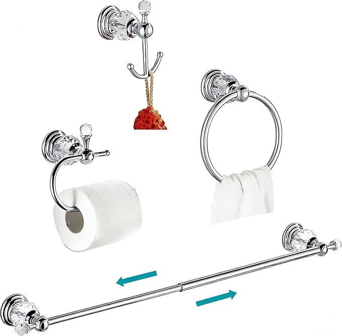 WOLIBEER Crystal Bathroom Accessories, Chrome 24 Inch Towel Bar Set Polished Brass Toilet Paper Holder Towel Ring Coat Hooks Bathroom Hardware 4 Pieces Wall Mounted