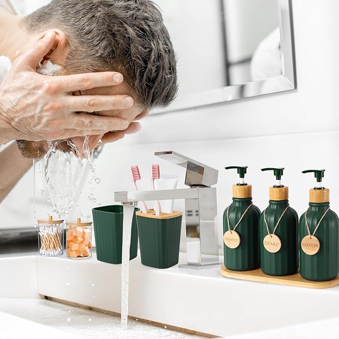 XLHOMO Bathroom Set 17PCS Bathroom Accessories with Trash Can 3PCS Lotion Soap Dispenser,Bathroom Accessories Set Green Bathroom Sets for Bathroom Decor