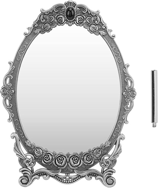 TOPINCN Vintage Oval Floral Embossed Retro Desktop Makeup Mirror with Stand, Clear Image, Zinc Alloy Frame, Wall Mount, Antique Pewter Mirror, 1 Count