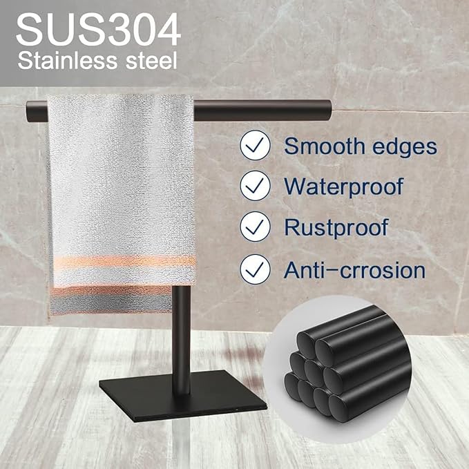 Freestanding Hand Towel Holder Countertop Modern Stand Towel Rack with Square Base Space Saving 304 Stainless Steel Hand Towel Holder Matte Black Finished