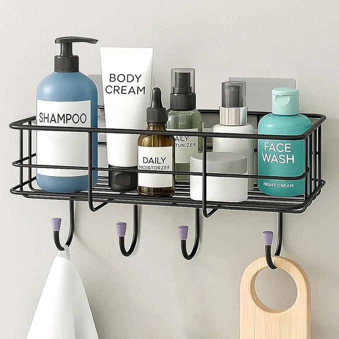 Bathroom Organizer Without Drill/GI Steel Self Adhesive Bathroom Shelf for Wall with Magic Stickers Pack of 1 (Black, CED Powder Coated)