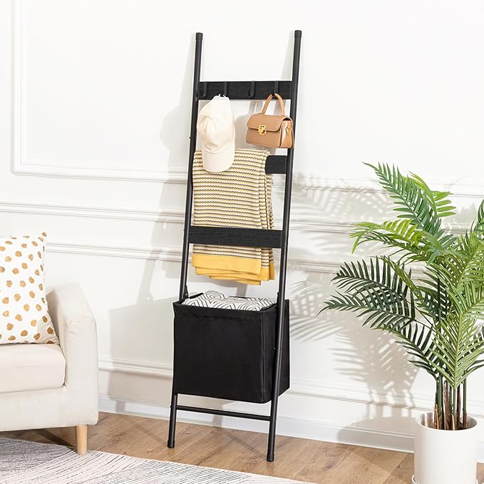 HOOBRO Blanket Ladder with Basket, 17.3”L x 63.4”H, Towel Rack with Hooks, Blanket Holder Rack, Decorative Ladder Shelf, Drying and Display Rack for Bathroom, Living Room, Black BB31CJ01