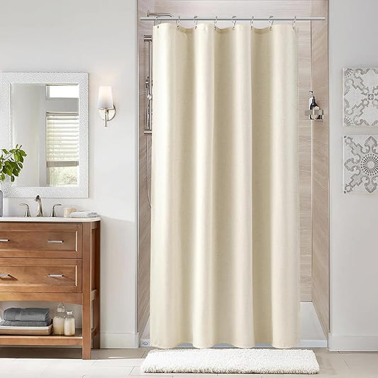 Naturoom Warm Beige 42 Inch Shower Curtain - Stall Narrow Half Linen Ultra Thick Fabric Shower Curtain Set with Hooks, Boho Farmhouse Rustic RV Camper Bath Curtains for Bathroom, 42x72