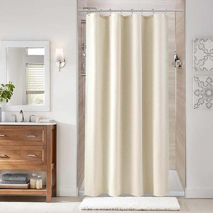 Naturoom Warm Beige 48 Inch Shower Curtain - Stall Narrow Half Linen Ultra Thick Fabric Shower Curtain Set with Hooks, Boho Farmhouse Rustic RV Camper Bath Curtains for Bathroom, 48x72