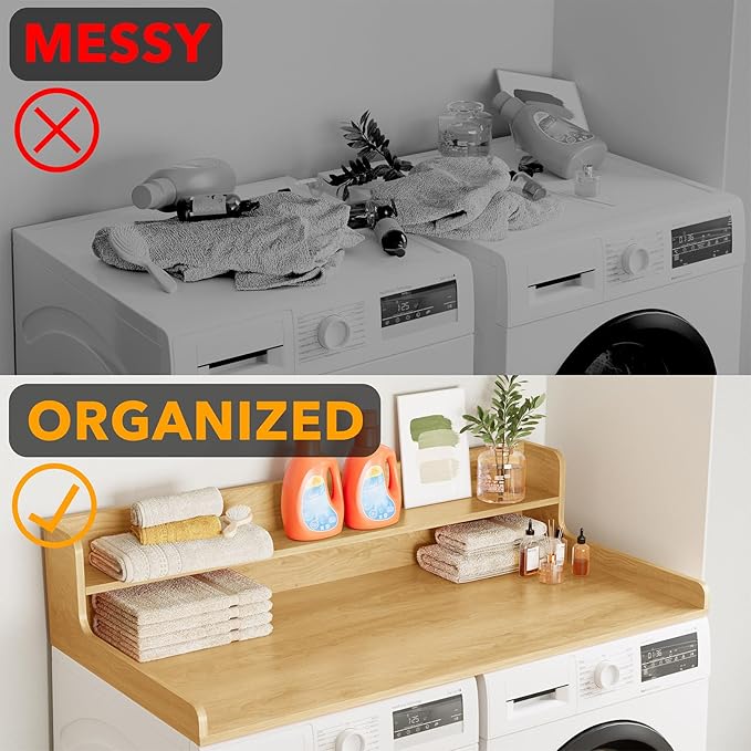 SpaceAid Washer Dryer Countertop with 2-Tier Shelf, Wood Topper with Edge, 54" Width x 27.5" Depth Cover Organizer Guard for Washer and Dryer Counter Laundry Hamper Storage (Maple Wood)