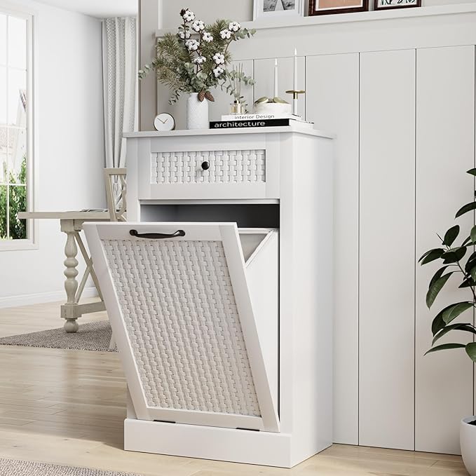 Tilt Out Laundry Hamper Cabinet, Rattan-Style Laundry Room Organization with Removable Laundry Basket, Hidden Wood Dirty Clothes Hamper with Drawer, 21.6" L x 13" W x 35.8" H, White