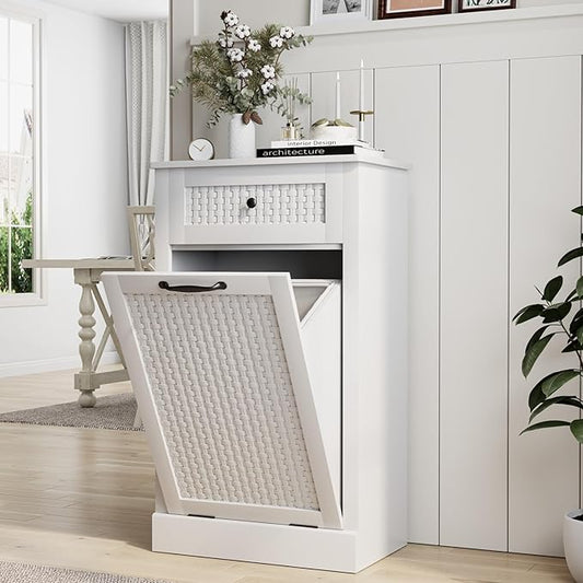 Tilt Out Laundry Hamper Cabinet, Rattan-Style Laundry Room Organization with Removable Laundry Basket, Hidden Wood Dirty Clothes Hamper with Drawer, 21.6" L x 13" W x 35.8" H, White