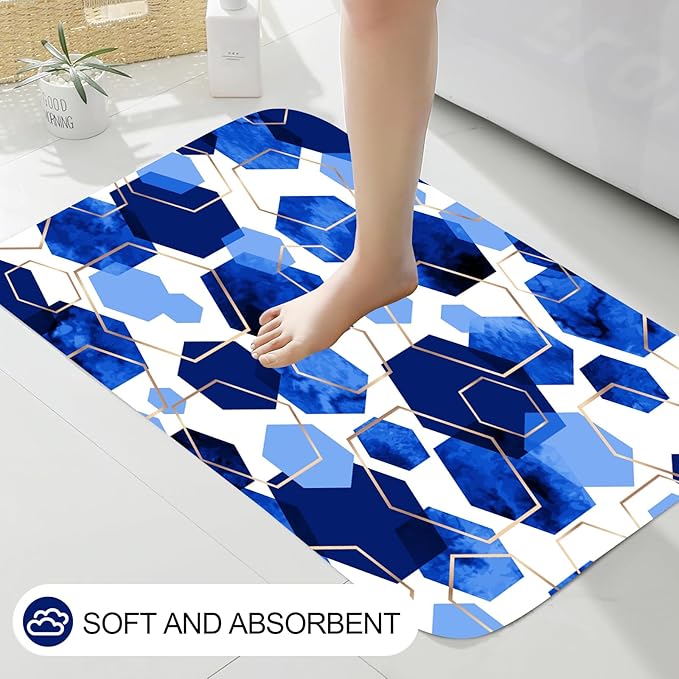 Muuyi 4Pcs Blue White Geometric Shower Curtain Set, Neutral Modern Art Deco Shower Curtain with Hooks, Elegant Trendy Simple Bathroom Sets with Shower Curtain and Rugs, 71 * 71in