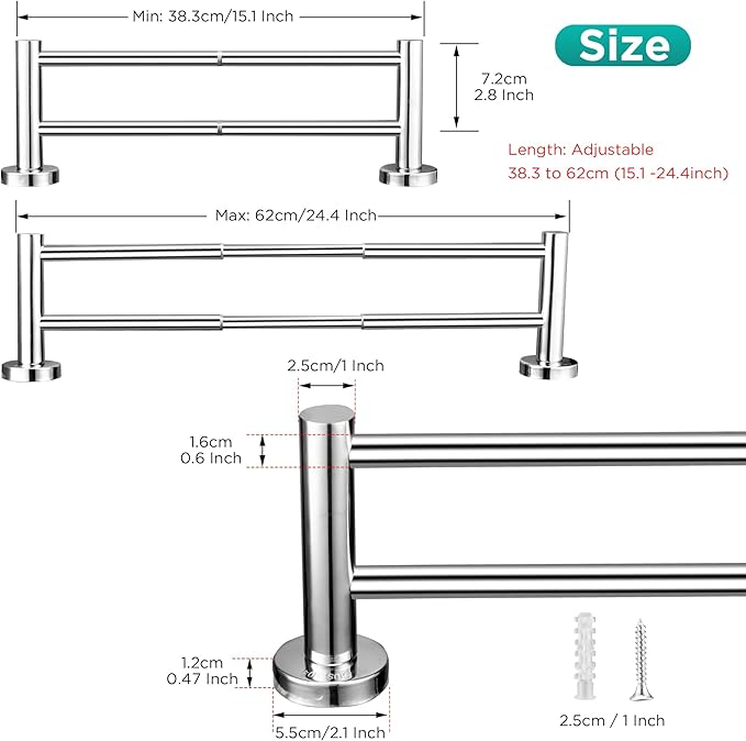 Retractable Towel Bar Flat Double Rod Bathroom Hand Towel Holder Stainless Steel Towel Rack Kitchen Towel Rail Adjustable from 15.1 to 24.4 Inch Wall Mounted Towel Rail with Screws | Polished Silver
