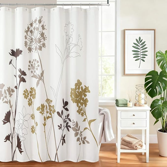 Silhouette Cream Flower Fabric Leaves Plants Tan Printed Waterproof Ivory Shower Curtain,Beige Floral Brown Bathroom Curtains,72" W x 78" L