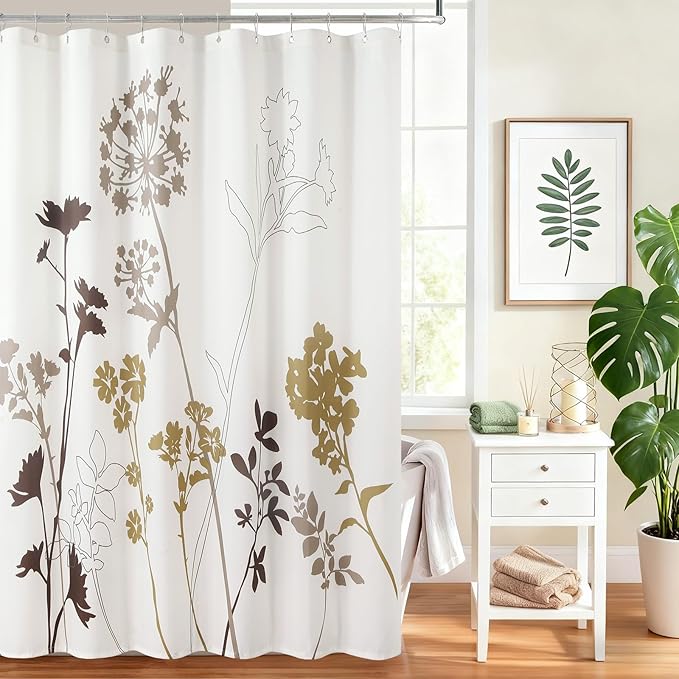 Floral Fabric Shower Curtains for Bathroom, Cream Beige Brown Tan Flower Shower Curtain, Waterproof Washable Decorative Bathroom Curtains, 72" W x 72" H