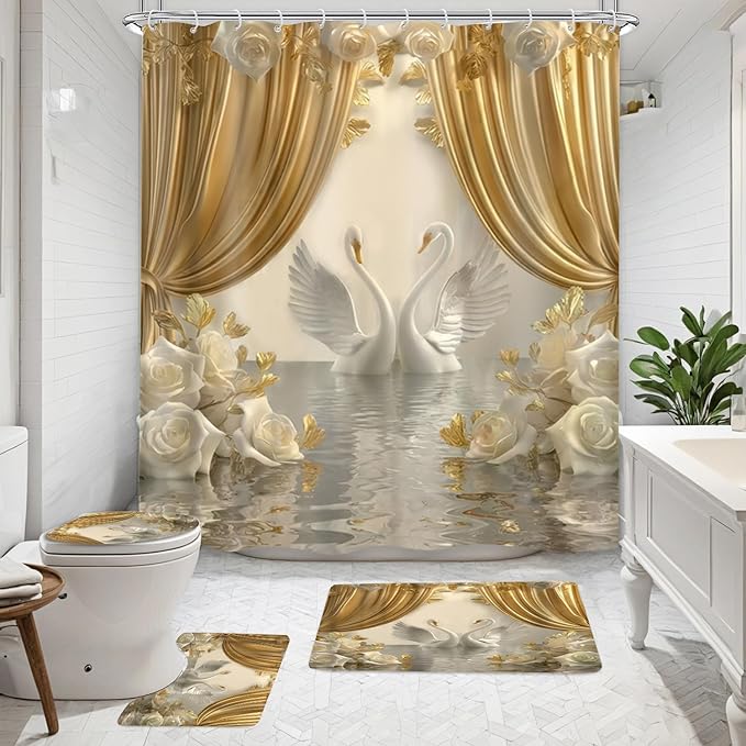 NBVKO 4Pcs Luxury Swan Rose Printed Shower Curtain Set with 12 Hooks Non-Slip Rugs,Toilet Lid Cover and Bath Mat, Stylish Bathroom Decor for Hotel & Home Bathroom