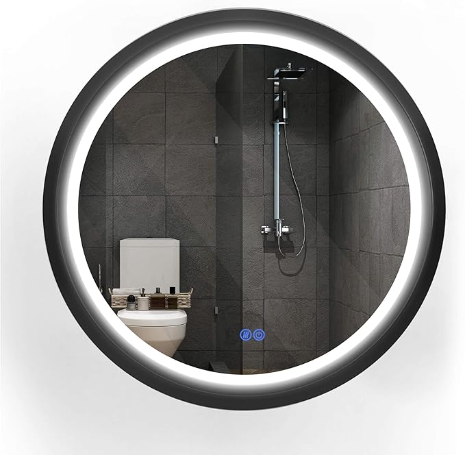 32 Inch Round LED Mirror for Bathroom, Black Metal Frame Lighted Vanity Mirror with 3 Color Modes, Touch Dimmer - Anti-Fog Wall Mounted Circle Mirror with Lights - Fab Glass and Mirror