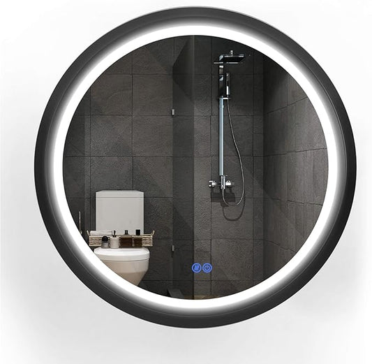 32 Inch Round LED Mirror for Bathroom, Black Metal Frame Lighted Vanity Mirror with 3 Color Modes, Touch Dimmer - Anti-Fog Wall Mounted Circle Mirror with Lights - Fab Glass and Mirror