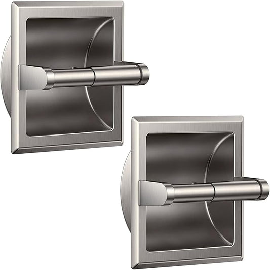FORIOUS Recessed Toilet Paper Holder, Stainless Steel Durable Tissue Roll Holder Wall Mount for Bathroom Space Saving Design with Mounting Bracket, 2 Pack Brushed Nickel