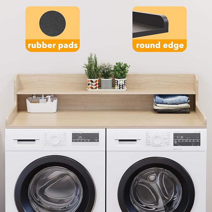 SpaceAid Washer Dryer Countertop with 2-Tier Shelf, Wood Topper with Edge, 54" Width x 27.5" Depth Cover Organizer Guard for Washer and Dryer Counter Laundry Hamper Storage (Oak)
