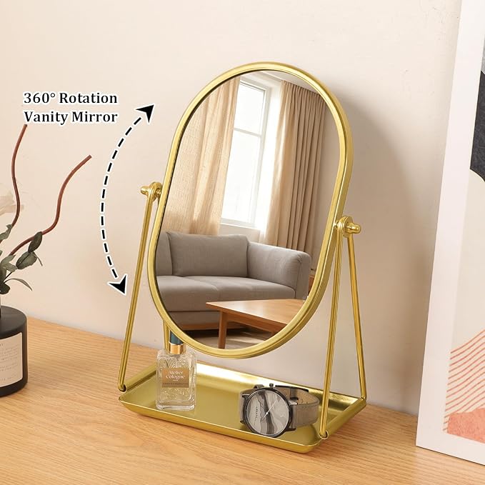 Table Mirror Gold Oval Desk Makeup Mirror with Storage 360°Adjustable Rotation Metal Framed Standing Mirrors Room Decor for Living Room, Bedroom, Office, Bathroom