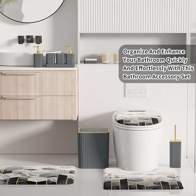 XLHOMO Bathroom Set - 26PC Bathroom Set with Shower Curtain and Rugs, Bathroom Accessory Set, Grey Bathroom Accessories Set, Trash Can & Soap Dispenser