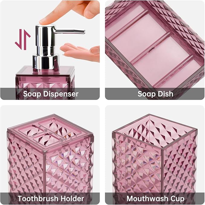 Bathroom Accessory Set, Grid Pattern 4 Pcs Plastic Bathroom Set Include Soap Dispenser, Soap Dish, Toothbrush Holder, Mousewash Cup, Modern Bahtroom D??cor Set(Burgundy)