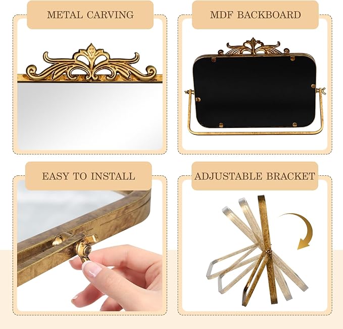Vintage Makeup Desk Mirror, 7.9" L x 11.8" W Antique Gold Vanity Table Mirror, Metal Framed Rectangular Small Standing Mirrors, 360 Adjustable Rotation Mirrors for Tabletop, Bathroom