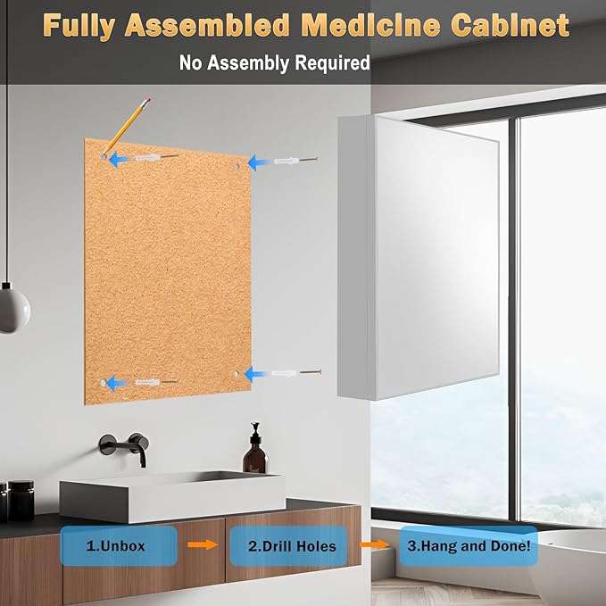 32x24 Inch Bathroom Medicine Cabinet with Mirror, Pre-Assembled Bathroom Medicine Cabinets, Surface/Recessed Wall Mounted Farmhouse Large Medicine Cabinet, Sliver