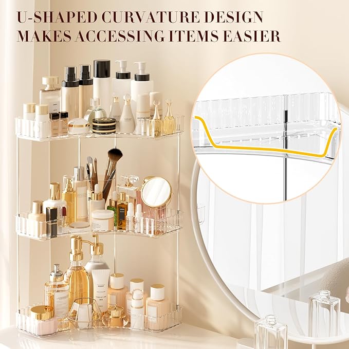 3-Tier Corner Bathroom Counter Organizer, Large Makeup Organizer For Vanity, Skincare Perfume Organizers For Women Or Men, Exquisite Corner Shelf For Bathrooms, Kitchens, Or Bedroom, (Clear, 3 Tier)