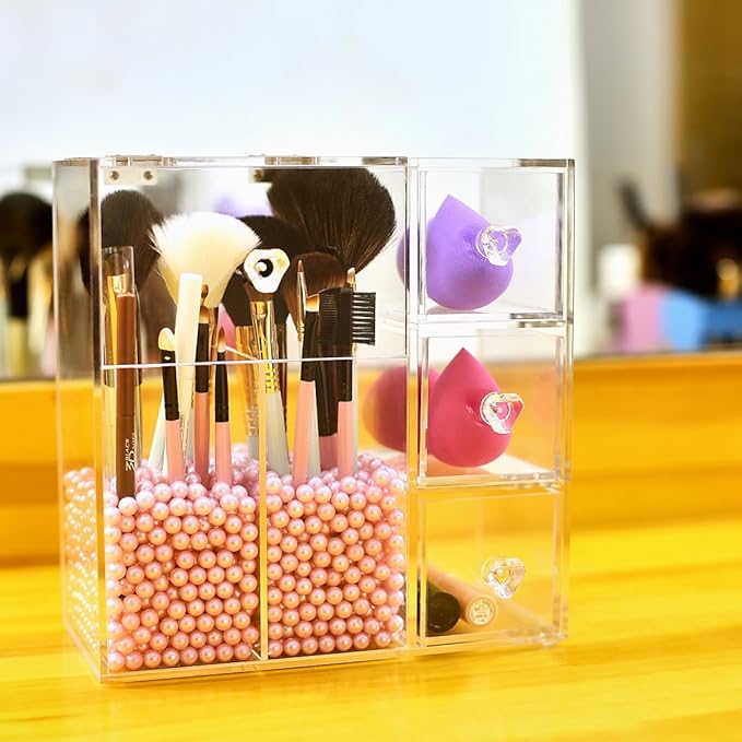 Clear Acrylic Covered Makeup Brush Holder with Dustproof Lid, 3 Drawers, Pearls Beads for Cosmetics Brushes Storage (Pink)