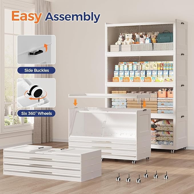 240Gal Extra Large Stackable Storage Bins with Lid, 960Qt Collapsible Storage Box with Wheels, Closet Organizers and Storage Cabinet Container for Home, Kitchen, Office, 3Pack White Clear