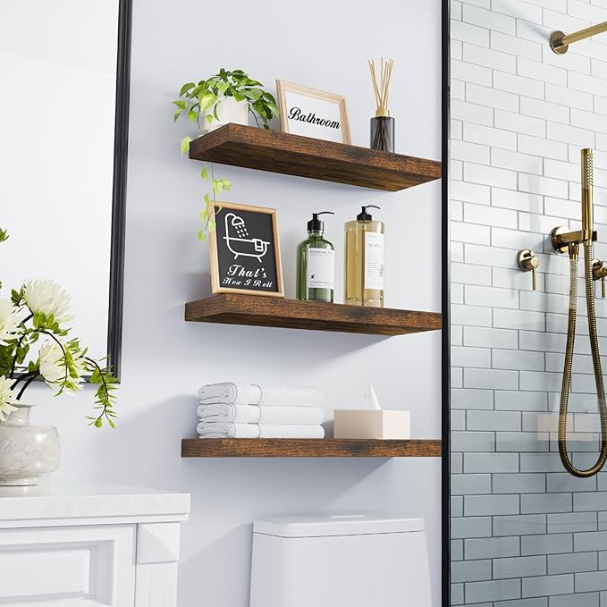 BAYKA Floating Shelves Bathroom for Wall – Shelf Over Toilet Farmhouse Rustic Wood for Bedroom, Kitchen, or Living Room Decor Organization Display Shelving – Rustic Brown, Set of 3 (Pack of 2)