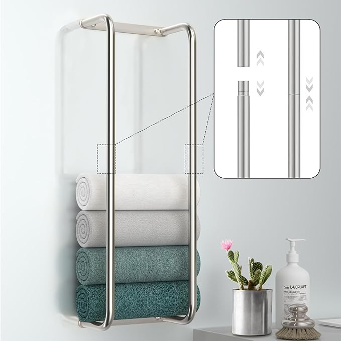Stainless Steel Wall-Mounted Bathroom Towel Rack and Organizer for Rolled Towels, Ideal for Modern Small Bathrooms with Limited Space, Sleek and Chic Sliver Design.