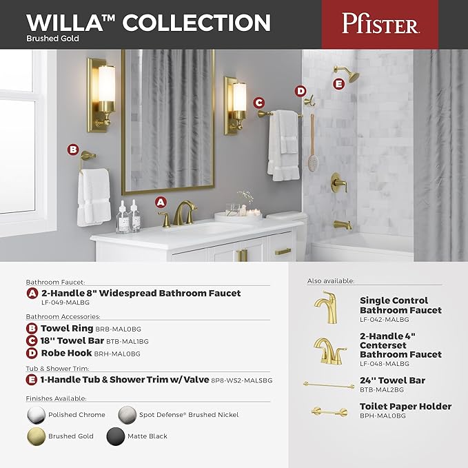 Pfister Willa Bath Towel Bar for Bathroom, 24-Inch, Wall-Mounted, Screw-in, Brushed Gold Finish, BTBWLL2BG