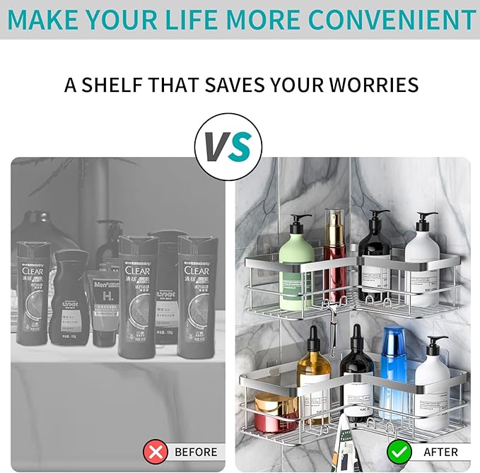 Yazoni Corner Shower Caddy, 4-Pack Adhesive Shower Shelves with Soap Holder No Drilling, Rustproof Bathroom Shower Organizer Storage, Silver