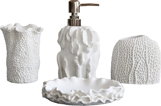 Hymmah Bathroom Accessories Set,Coral Seashell Design Toothbrush Holder,Farmhouse Bathroom Decor,4 Pcs Resin Gift Set Apartment Necessities, Contain Toothbrush Cup,Soap Dispenser,Soap Dish,Tumbler
