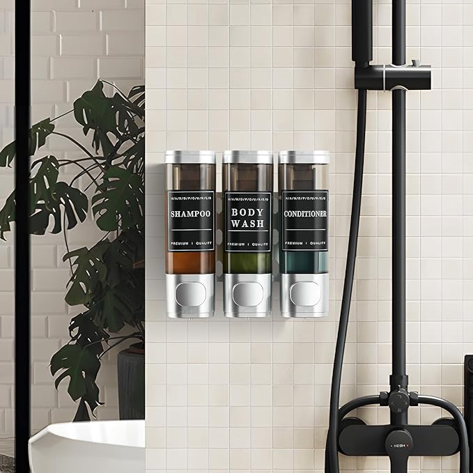 Shampoo and Conditioner Dispenser Shower Dispenser 3 Chamber No Drill Shampoo Dispenser for Shower Wall Mounted Shower Dispenser Body Wash for Bathroom Hotel Large Capacity,Silver