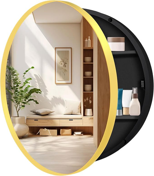 24 in Round Gold Medicine Cabinet with Mirror,Modern Bathroom Medicine Cabinet for Wall Metal Framed, Surface Mount Only Circular Storage Cabinet Shatterproof with Vanity Mirror