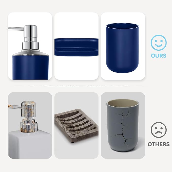 Blue Bathroom Accessories Set 4 PCS, Blue Bathroom Accessories, Plastic Soap Dispenser and Toothbrush Holder Set, Soap Dish and Mouthwash Cup, Boho Bathroom Decor, Bathroom Set