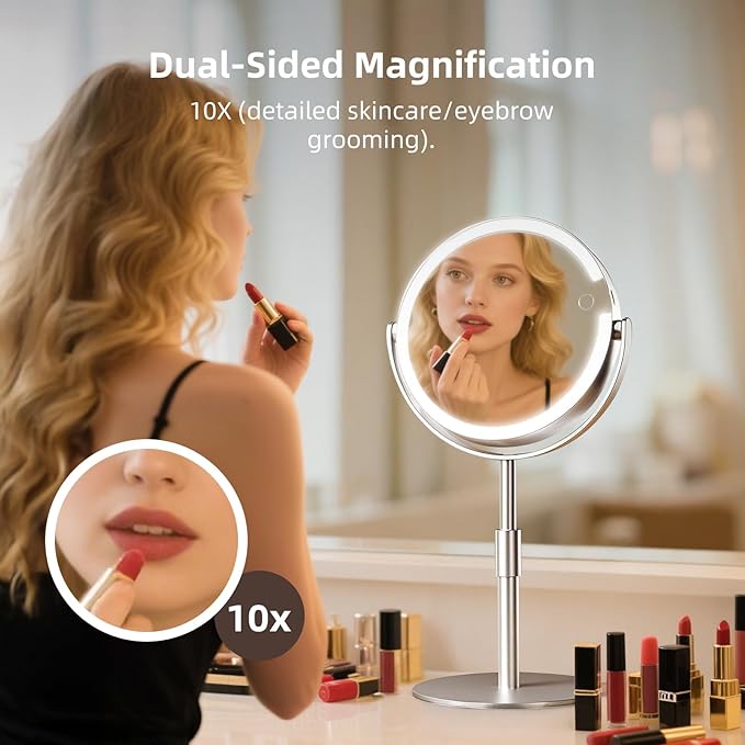 FRANO Makeup Mirror with Magnification (1X/10X), 8" Round Magnifying Vanity Mirror with Lights, Cordless Double Sided Light Weight Aluminum Alloy - Gifts Idea