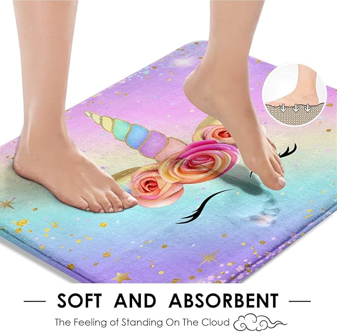 Arttown Pink Unicorn Rainbow Bathroom Set with Shower Curtain and Rugs and Accessories, Colorful Gradient Floral Shower Curtains, Modern Art Bathroom Decor 4 Pcs